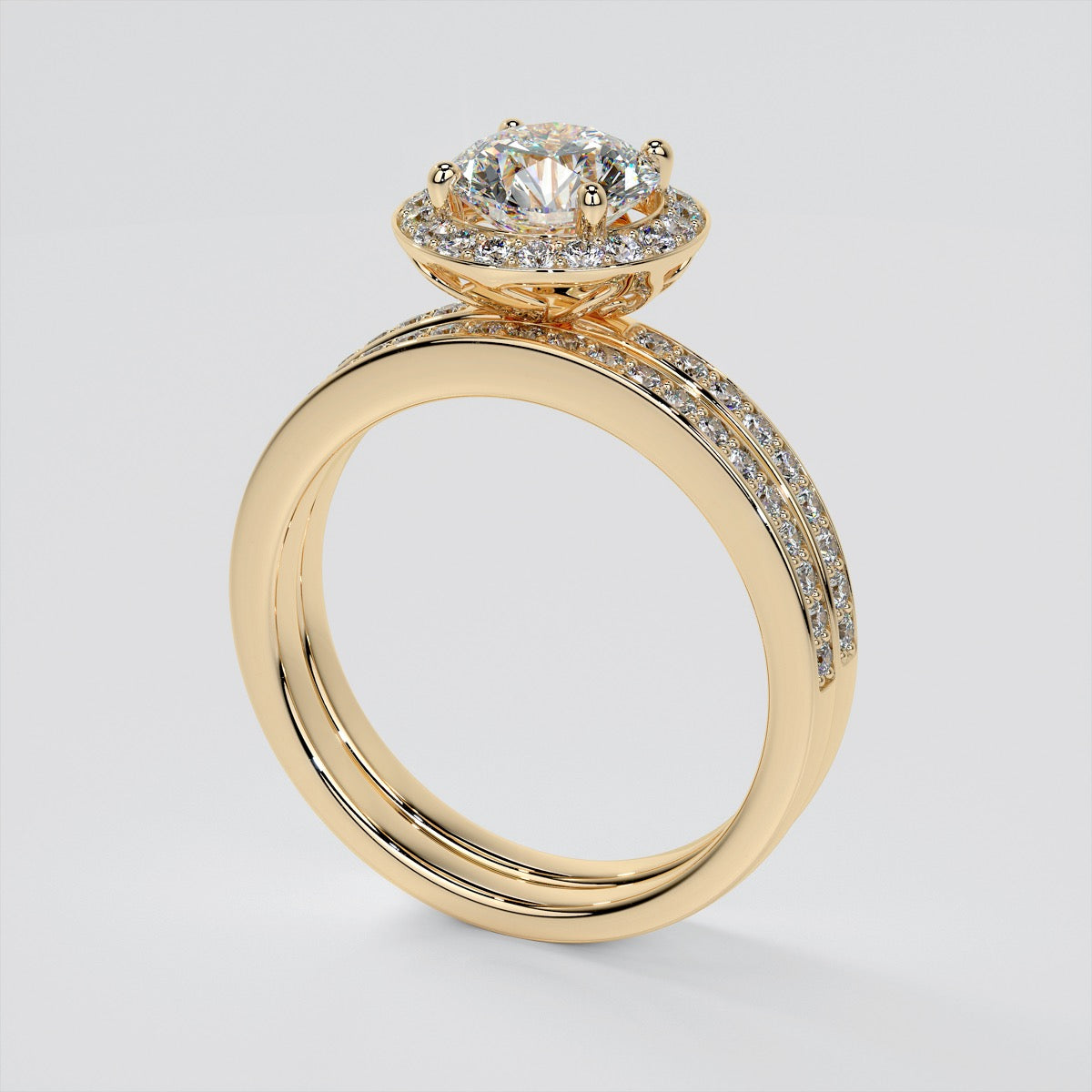 Round Cut Pavé Style Halo Wedding Set With 2 Matching Bands