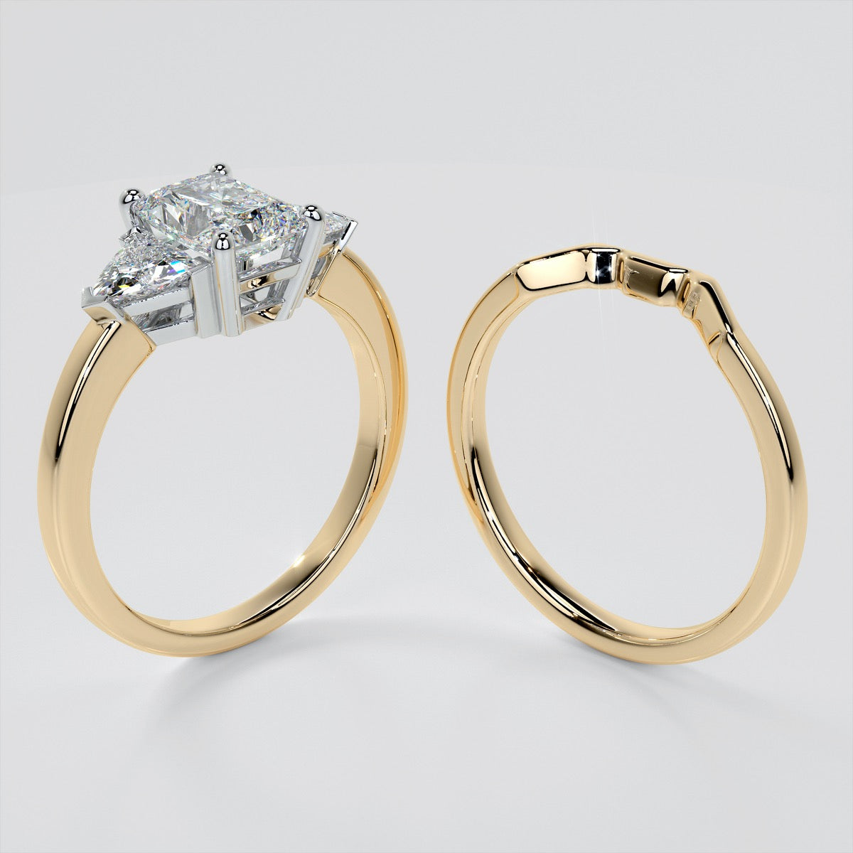 Radiant Cut Three-Stone Engagement Ring With Trillion Accents