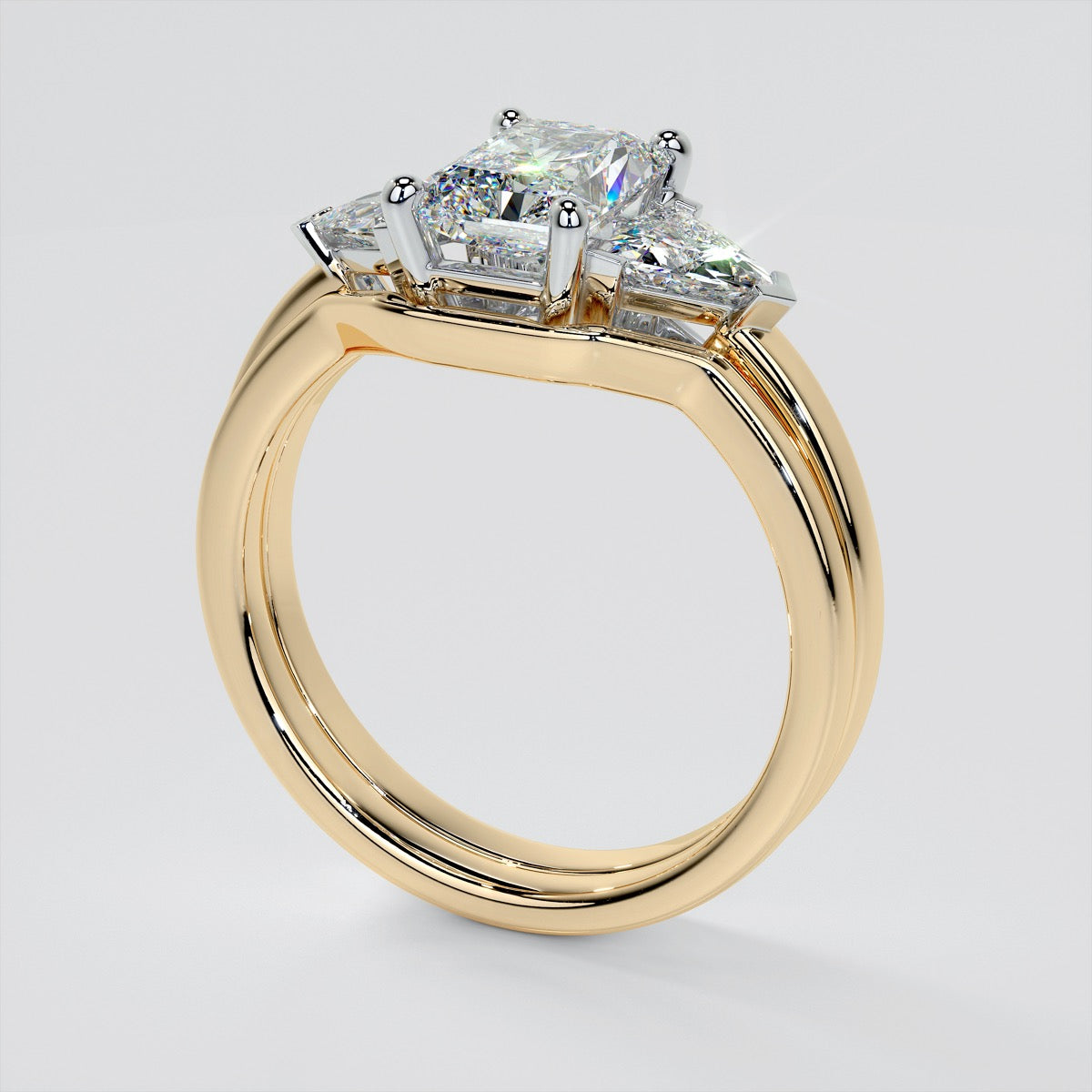 Lab Grown Diamond Radiant Cut Three-Stone Engagement Ring With Trillion Accents