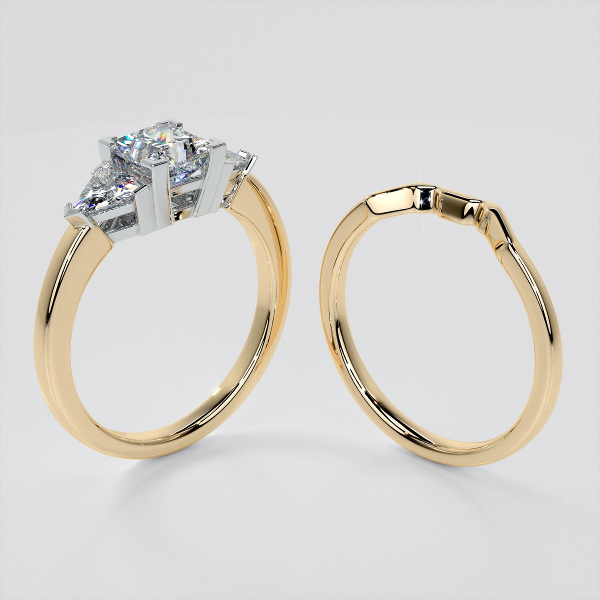 Lab Grown Diamond Princess Cut Three-Stone Engagement Ring With Trillion Accents