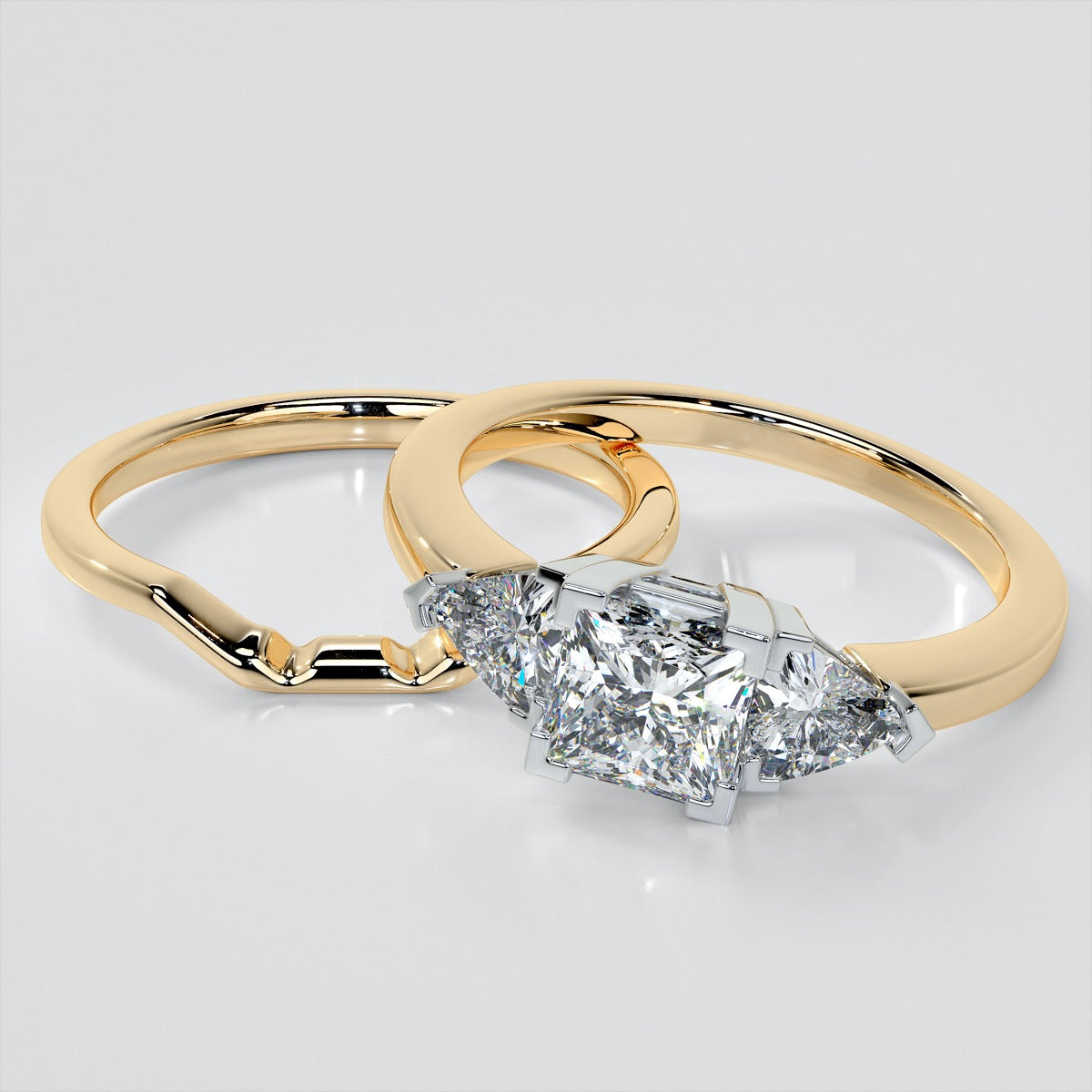 Princess Cut Three-Stone Wedding Set With Trillion Accents