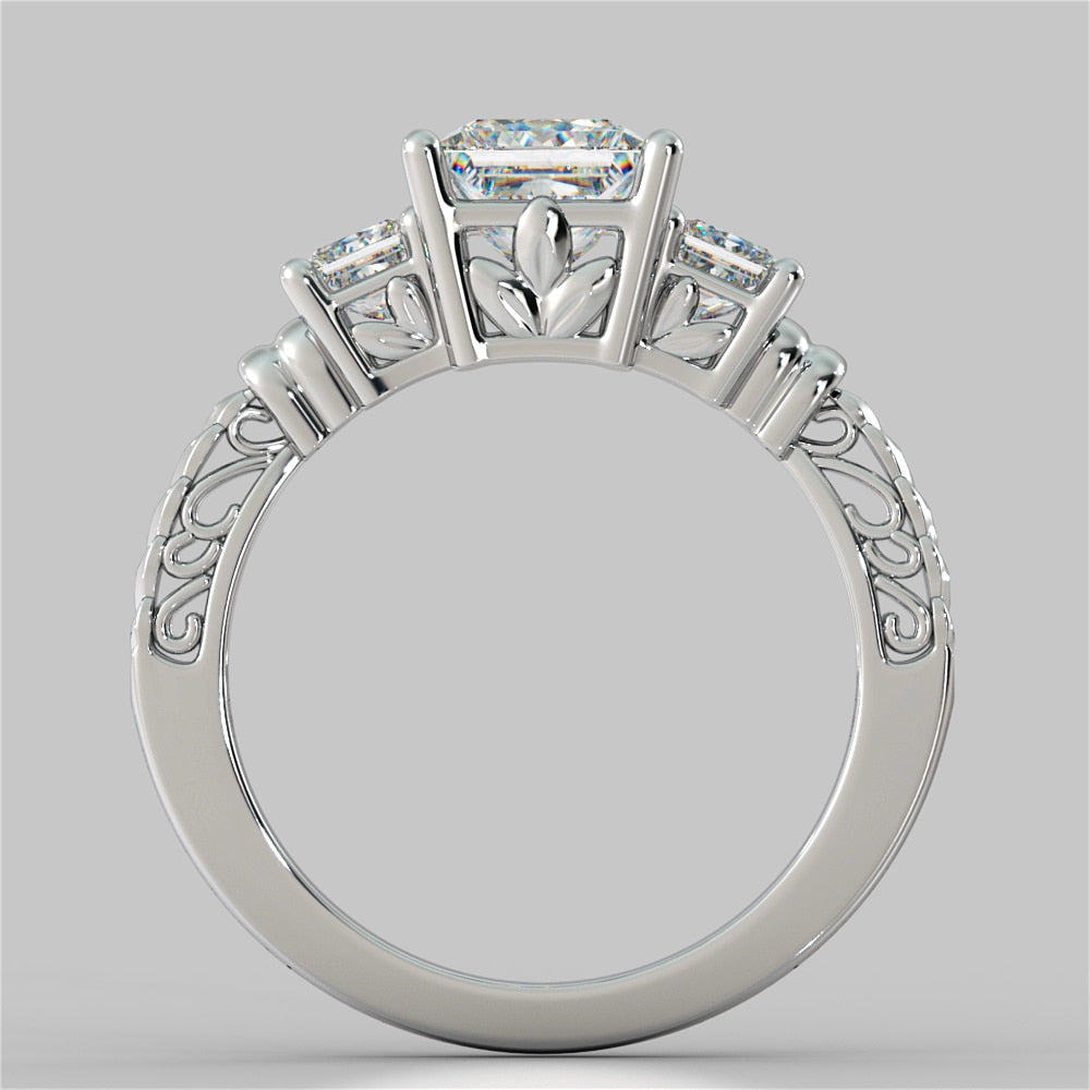 1.25Ct Princess Cut Lab Grown Diamond Three-Stone Filigree Engagement Ring