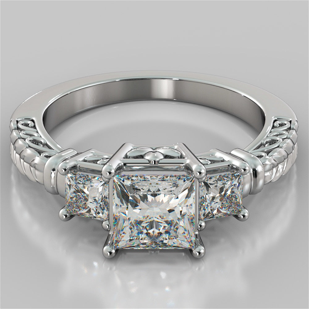 1.25Ct Princess Cut Lab Grown Diamond Three-Stone Filigree Engagement Ring