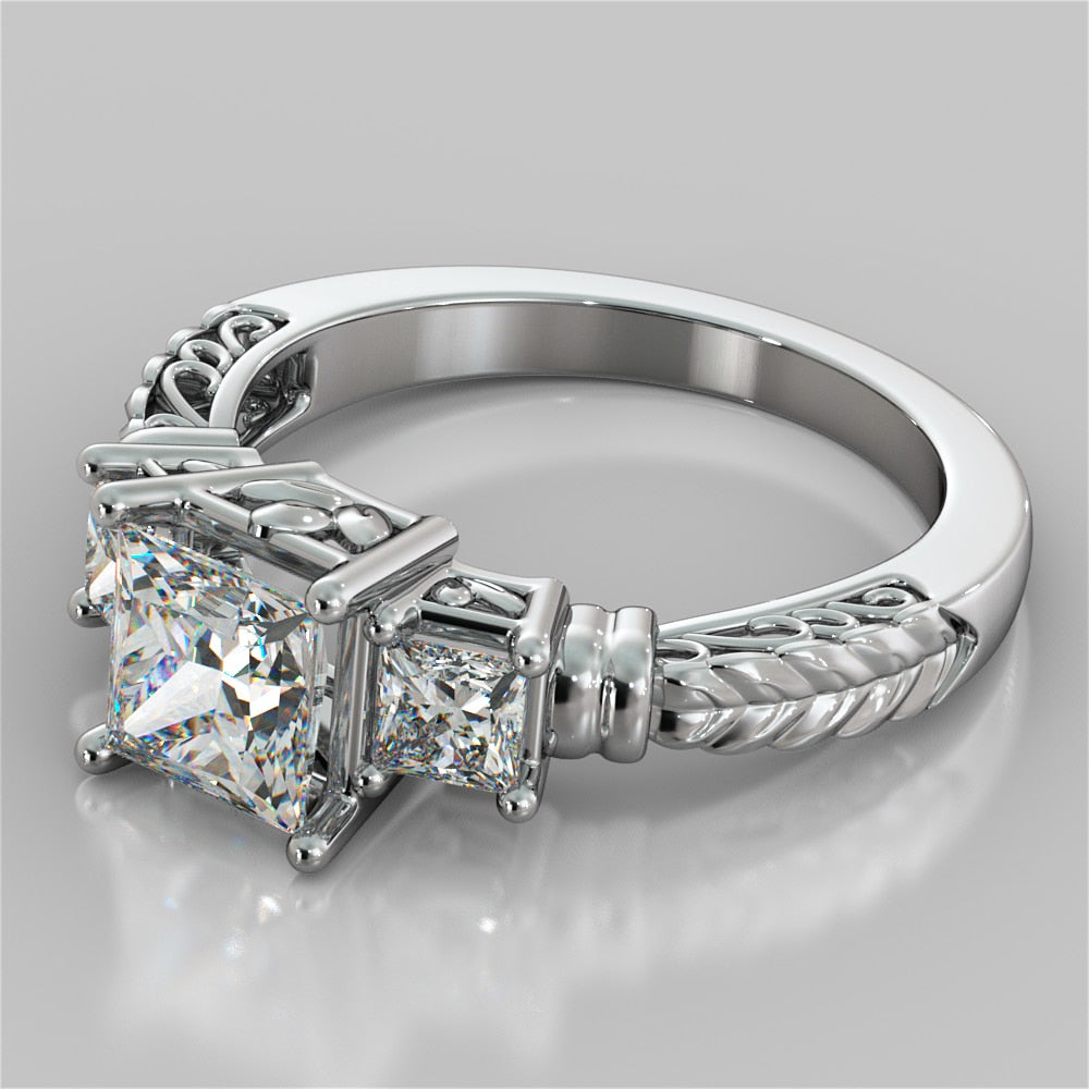 1.25Ct Princess Cut Lab Grown Diamond Three-Stone Filigree Engagement Ring