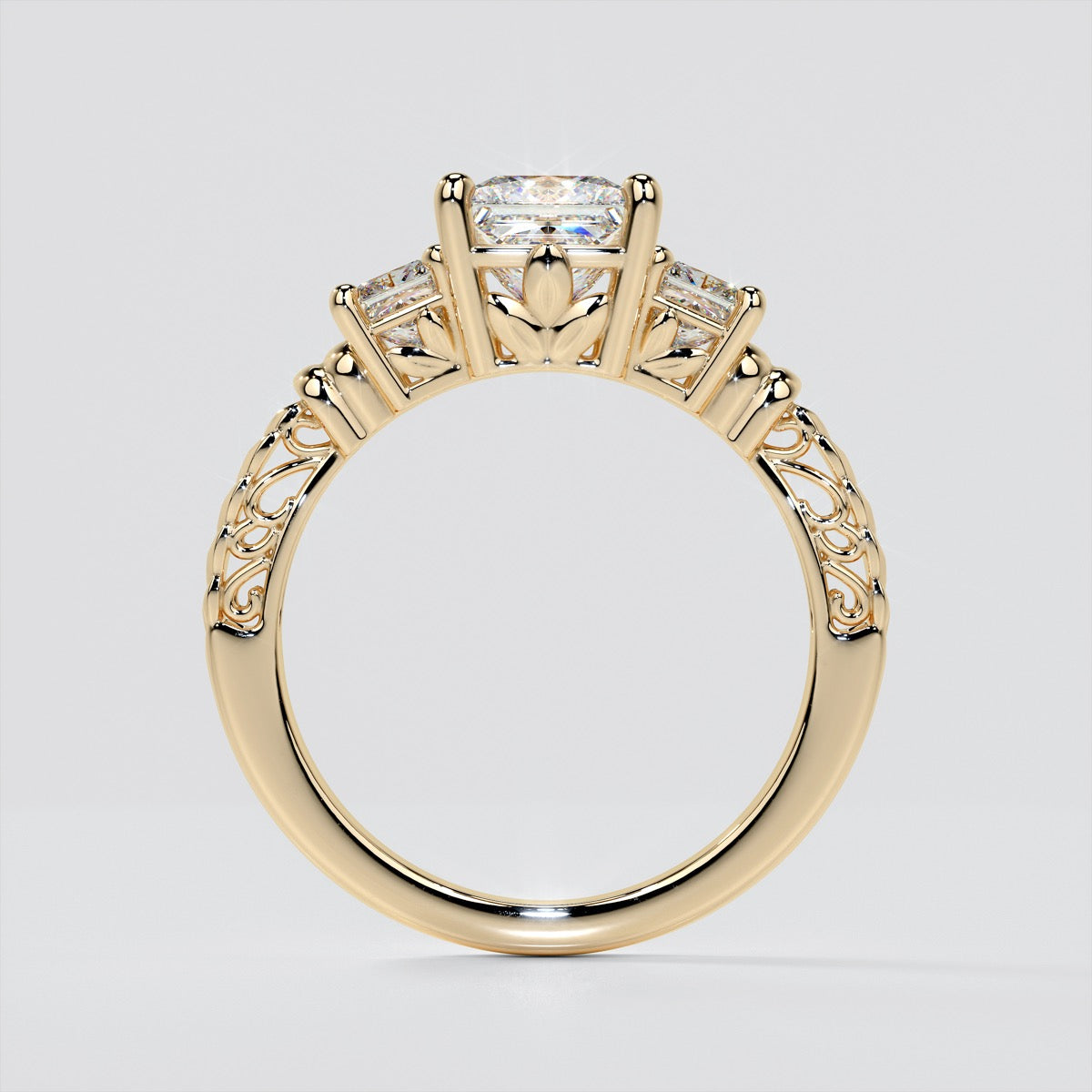 Princess Cut Three-Stone Filigree Engagement Ring