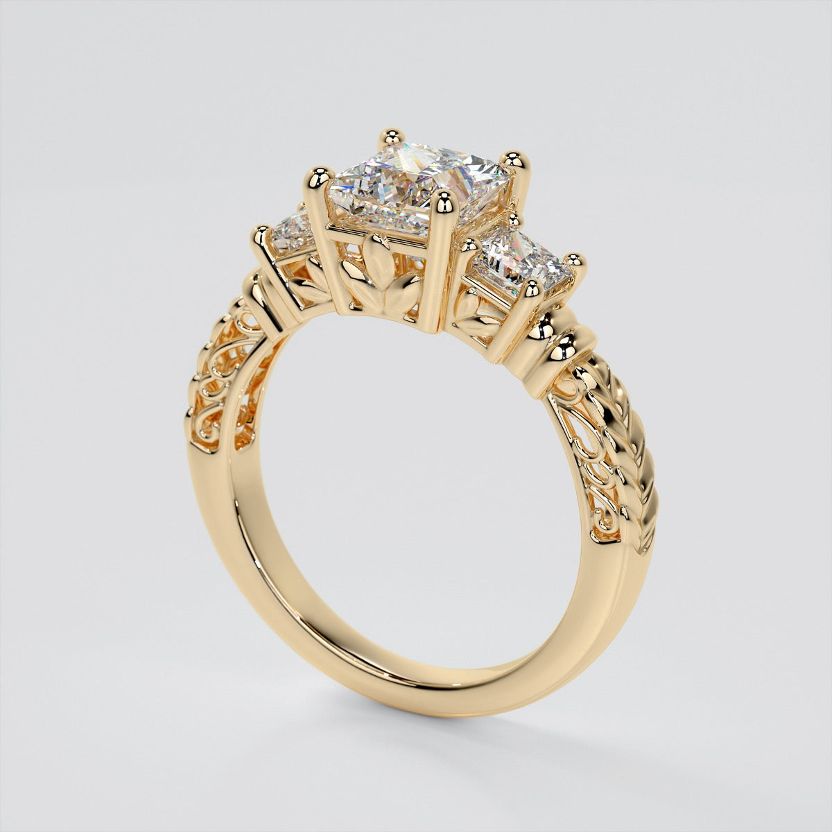 Princess Cut Three-Stone Filigree Engagement Ring