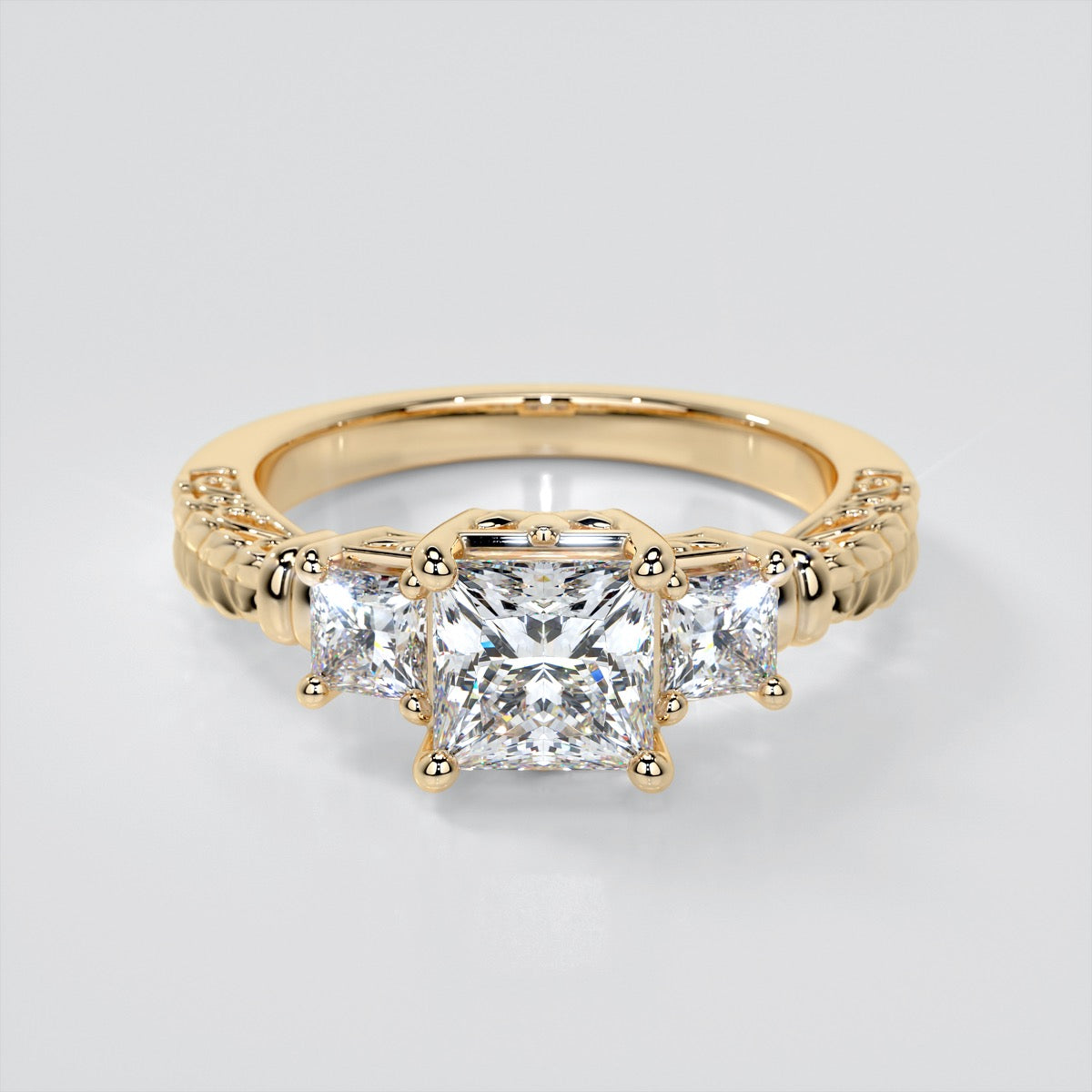 1.25Ct Princess Cut Lab Grown Diamond Three-Stone Filigree Engagement Ring