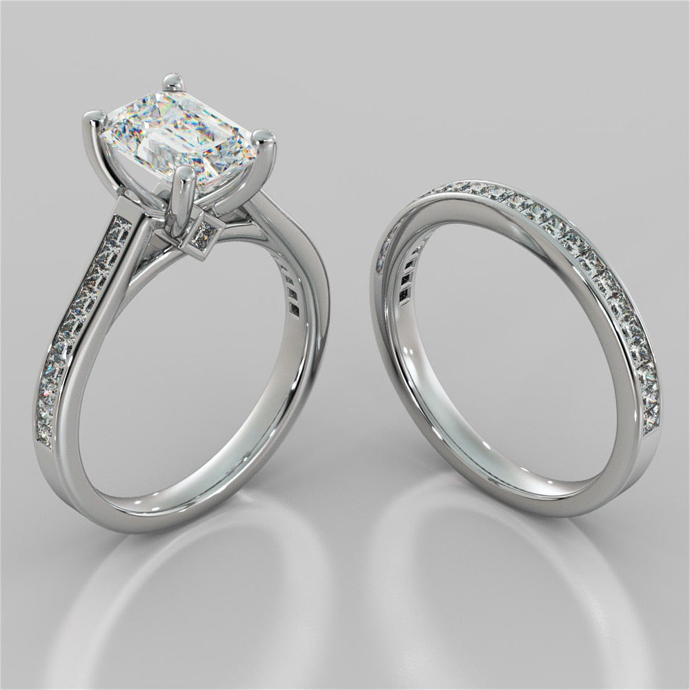 Emerald Cut Accented Cathedral Style Wedding Set With 2 Matching Bands