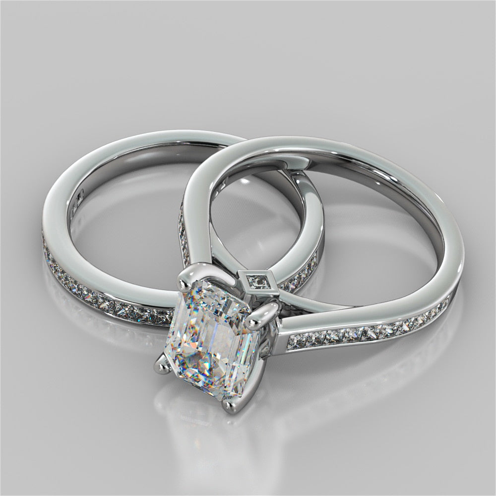 Emerald Cut Accented Cathedral Style Wedding Set With 2 Matching Bands