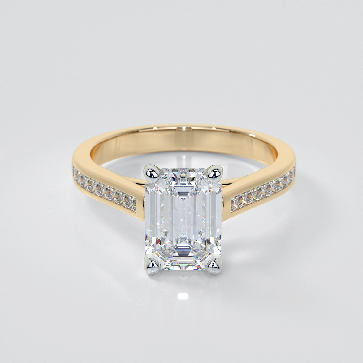 Lab Grown Diamond Emerald Cut Cathedral Style Engagement Ring With Princess Cut Accents