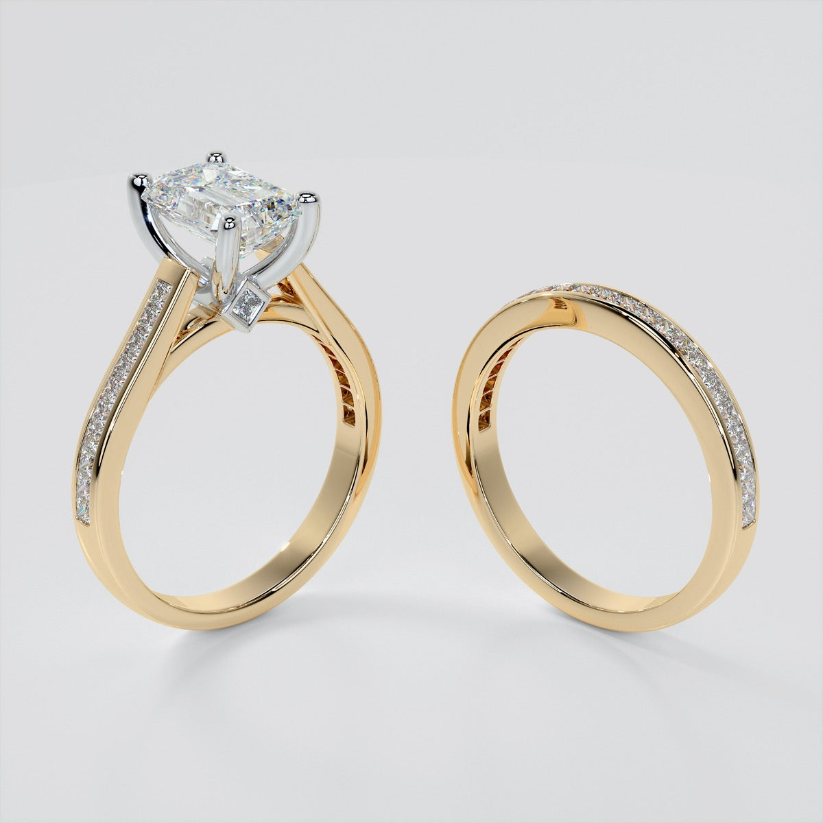 Lab Grown Diamond Emerald Cut Cathedral Style Engagement Ring With Princess Cut Accents