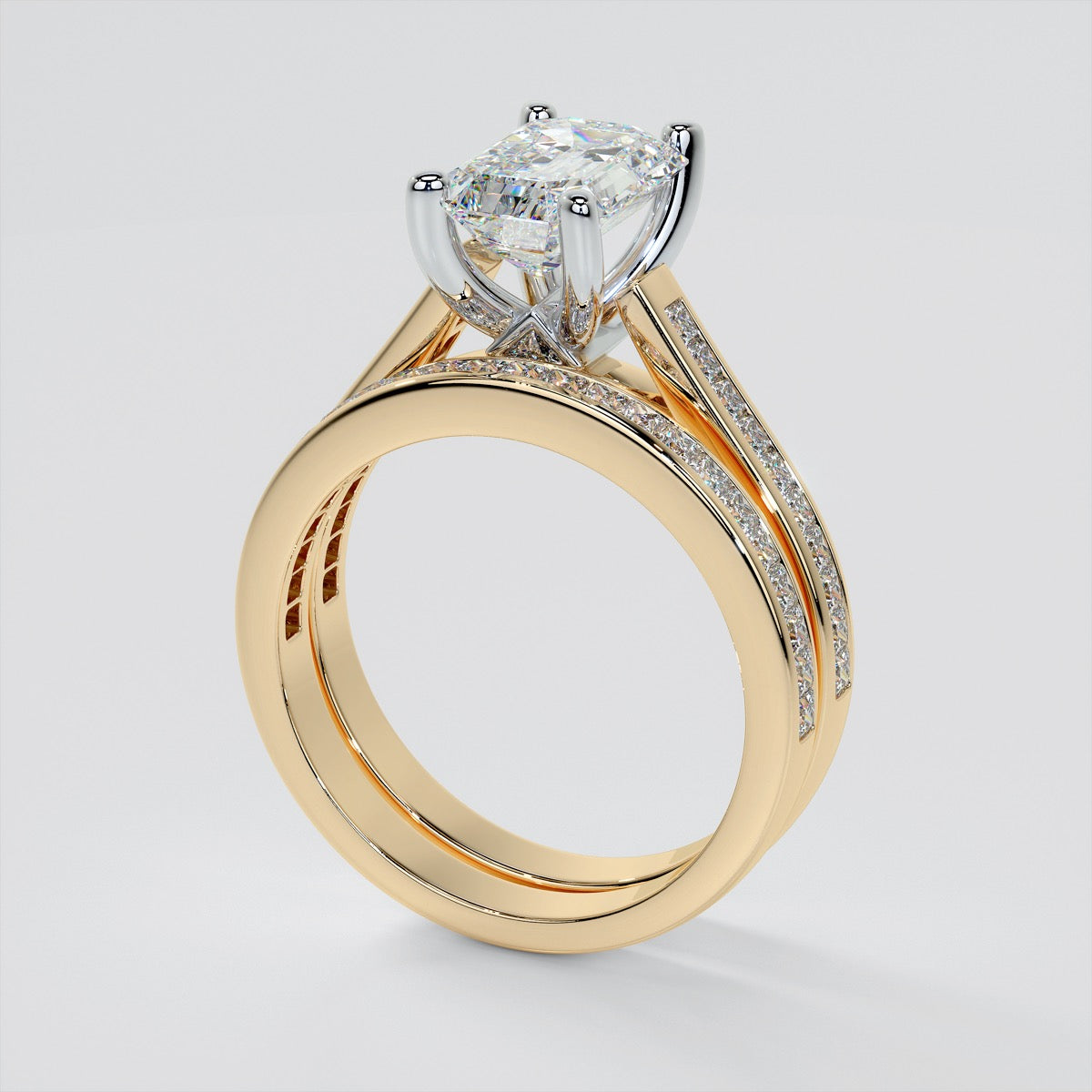 Lab Grown Diamond Emerald Cut Cathedral Style Engagement Ring With Princess Cut Accents