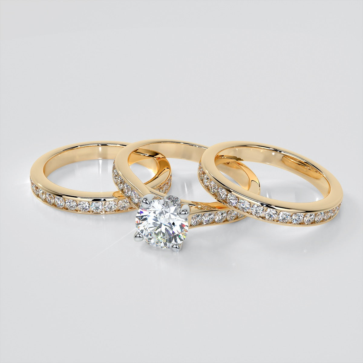 Round Cut Cathedral Wedding Set With 2 Matching Bands