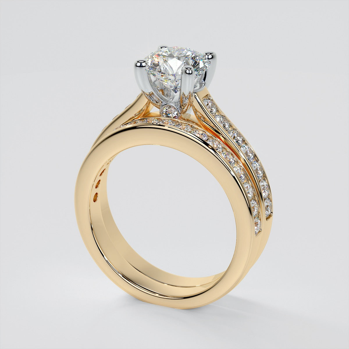Round Cut Cathedral Wedding Set With 2 Matching Bands