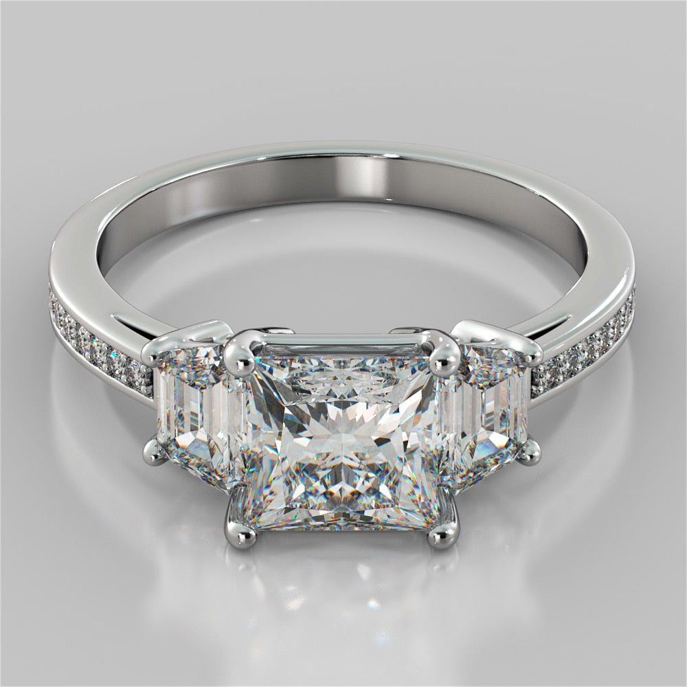 Princess Cut and Trapezoids Accents Wedding Set With 2 Matching Bands