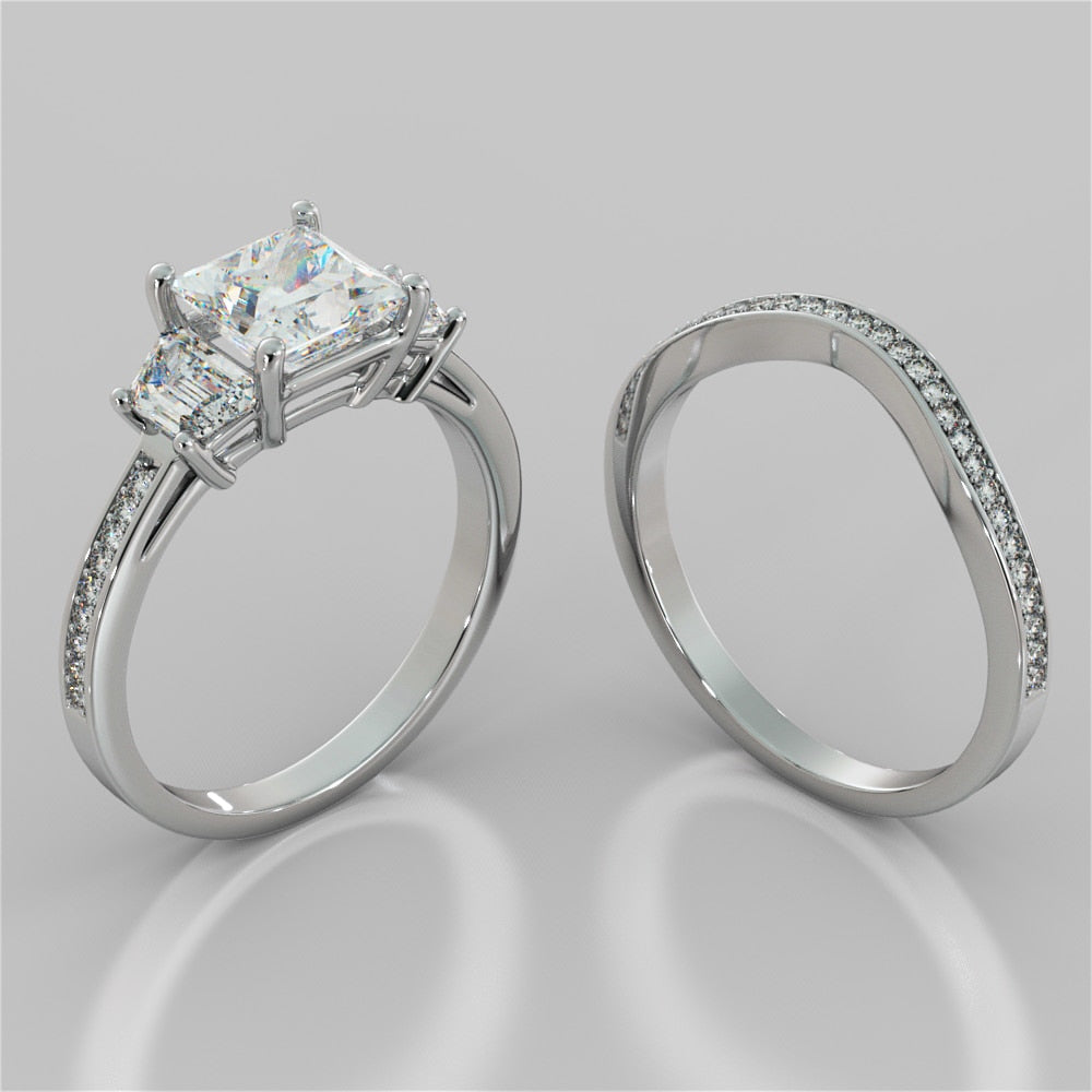 Princess Cut and Trapezoids Accents Wedding Set With 2 Matching Bands