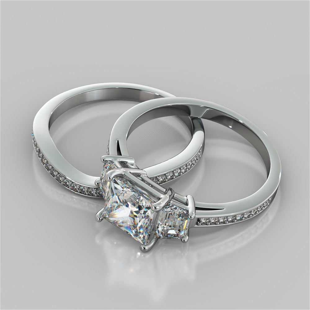 Princess Cut and Trapezoids Accents Wedding Set With 2 Matching Bands