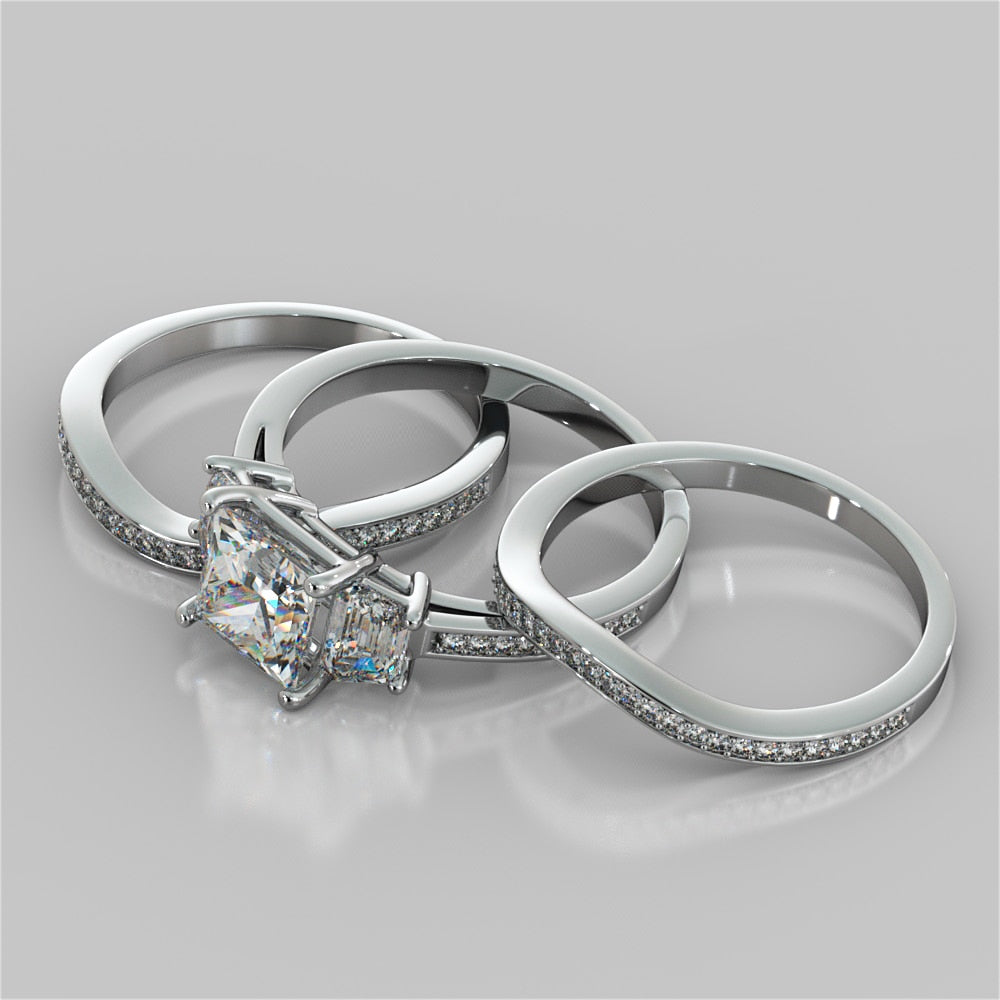 Princess Cut and Trapezoids Accents Wedding Set With 2 Matching Bands