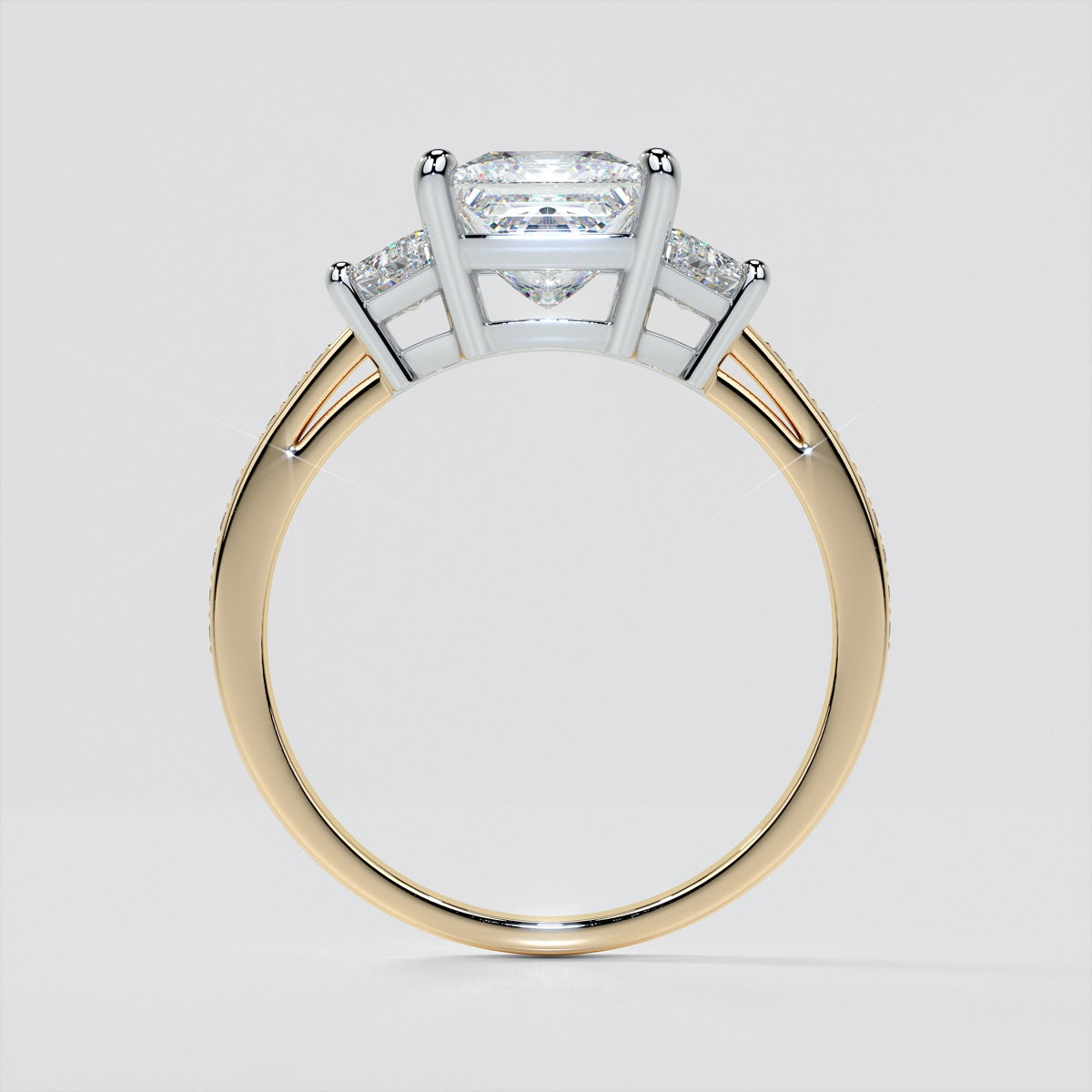 Lab Grown Diamond Princess Cut Three Stone Engagement Ring With Trapezoids