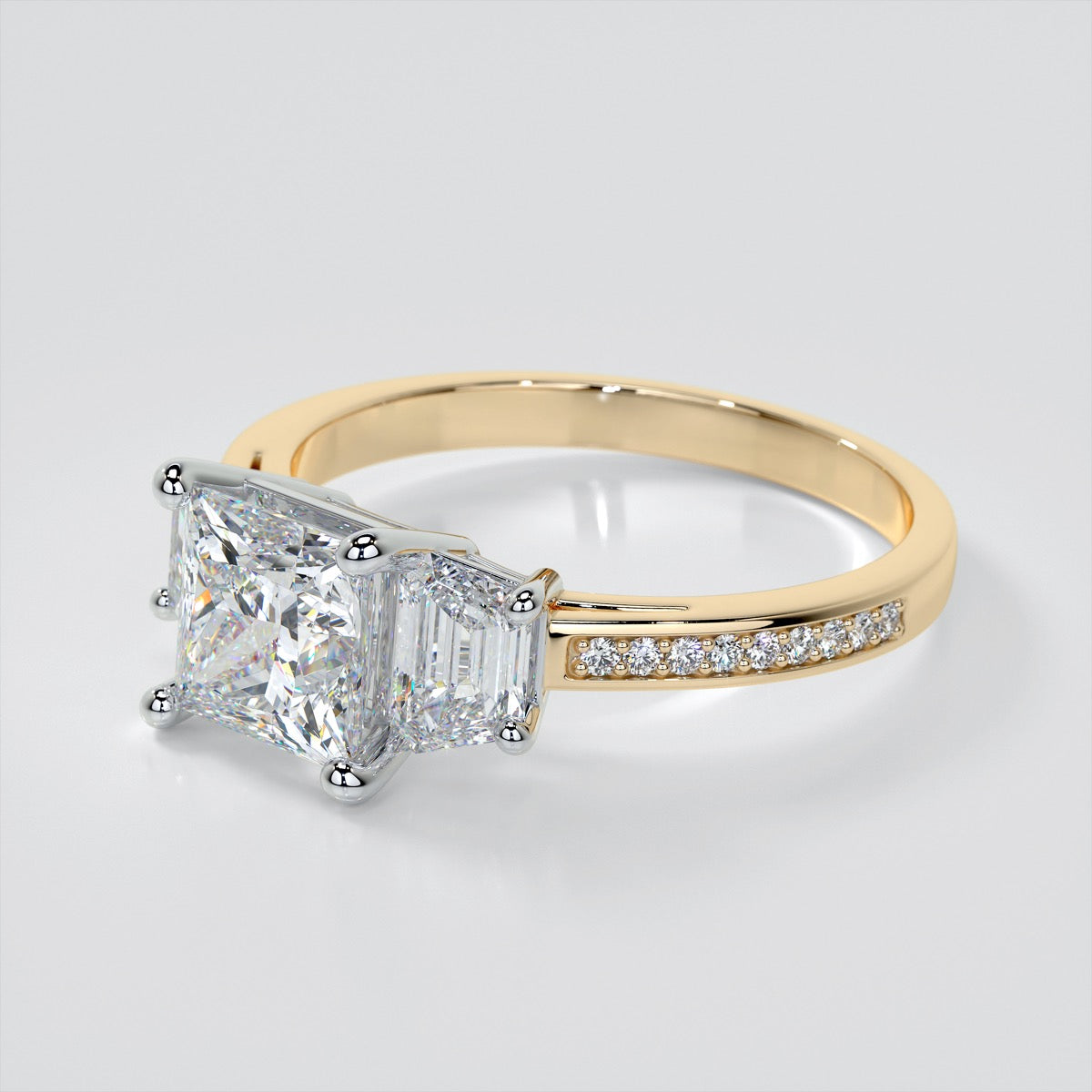 Princess Cut Three Stone Engagement Ring With Trapezoids