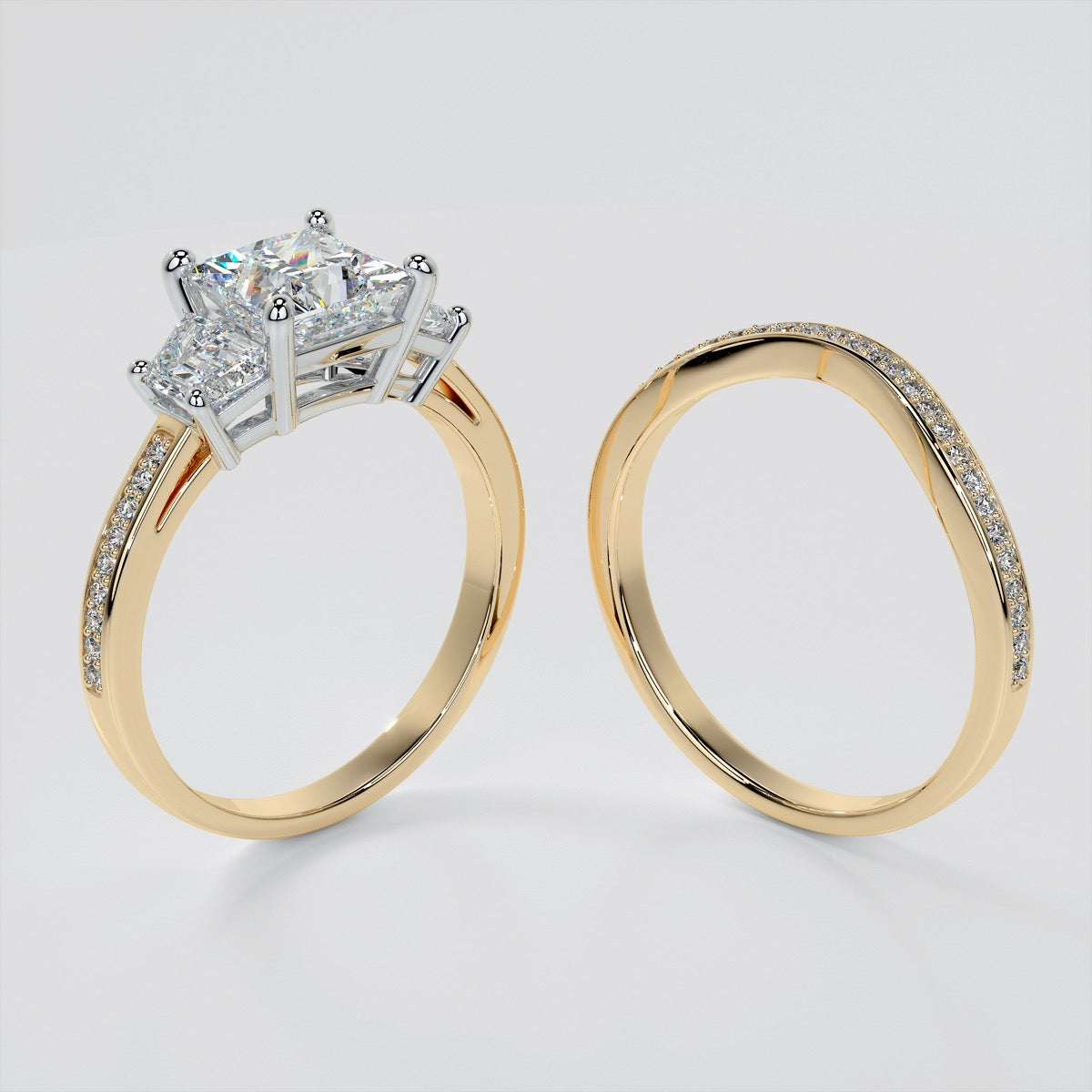 Lab Grown Diamond Princess Cut Three Stone Engagement Ring With Trapezoids