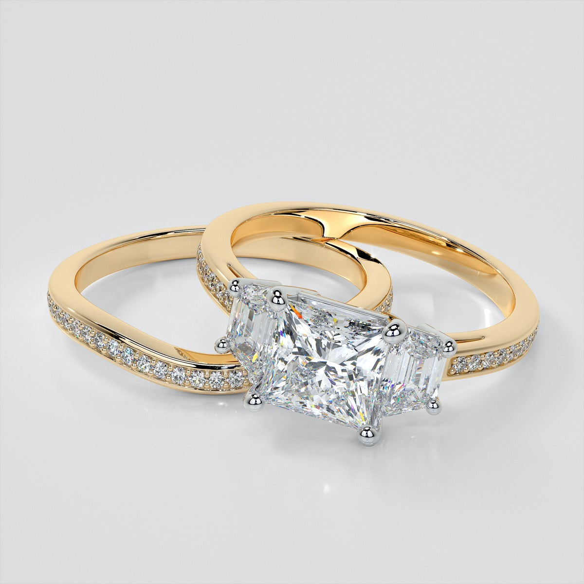 Lab Grown Diamond Princess Cut Three Stone Engagement Ring With Trapezoids