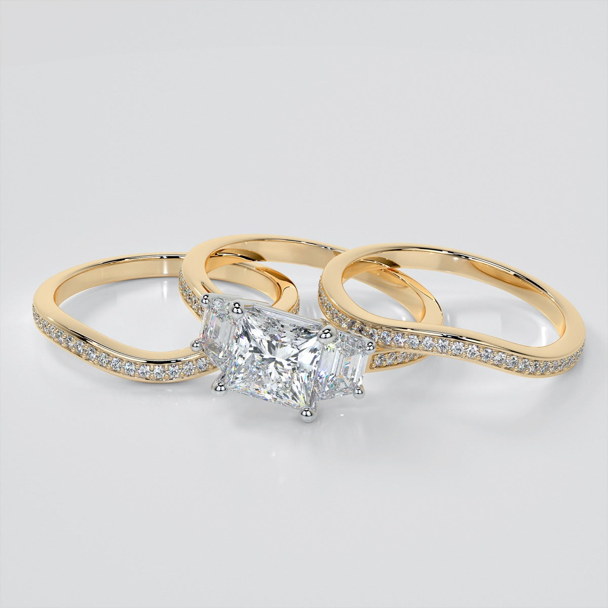 Princess Cut and Trapezoids Accents Wedding Set With 2 Matching Bands