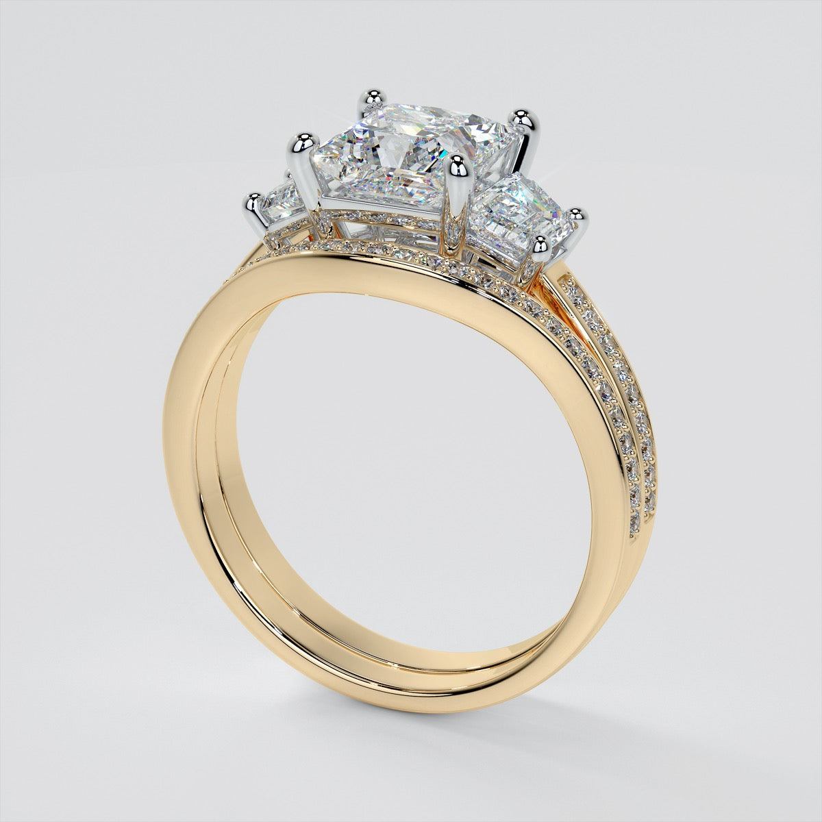 Princess Cut Three Stone Engagement Ring With Trapezoids