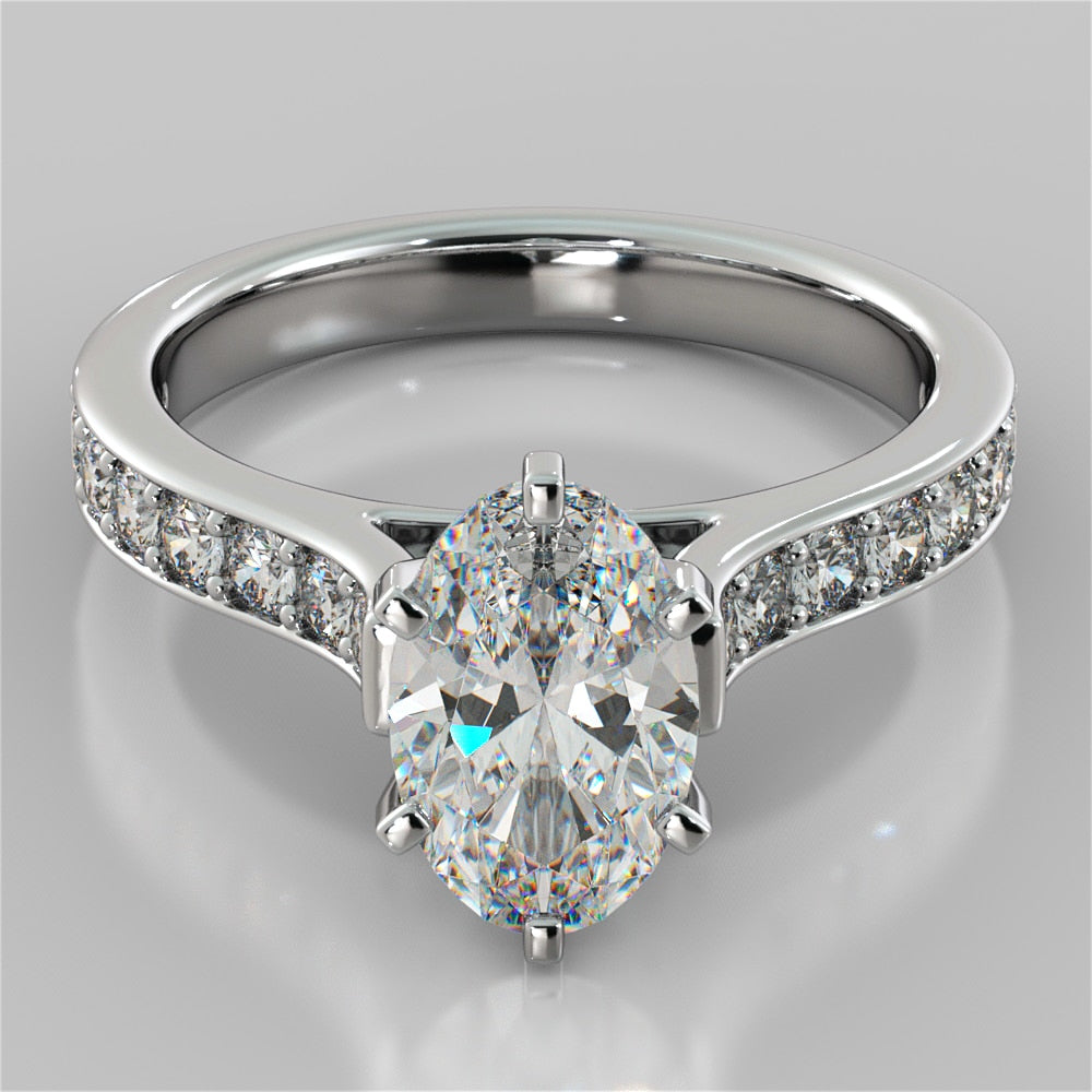Oval Cut Cathedral Style Channel Engagement Ring With Accents