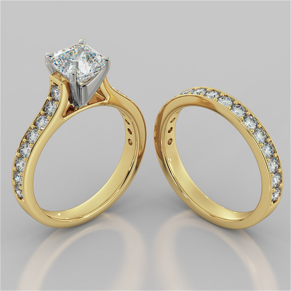 Lab Grown Diamond Asscher Cut Cathedral Style Channel Engagement Ring With Accents