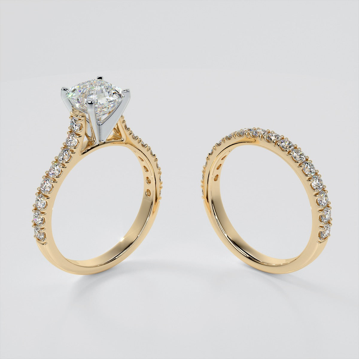 Lab Grown Diamond Asscher Cut Cathedral Scallop Style Engagement Ring With Accents