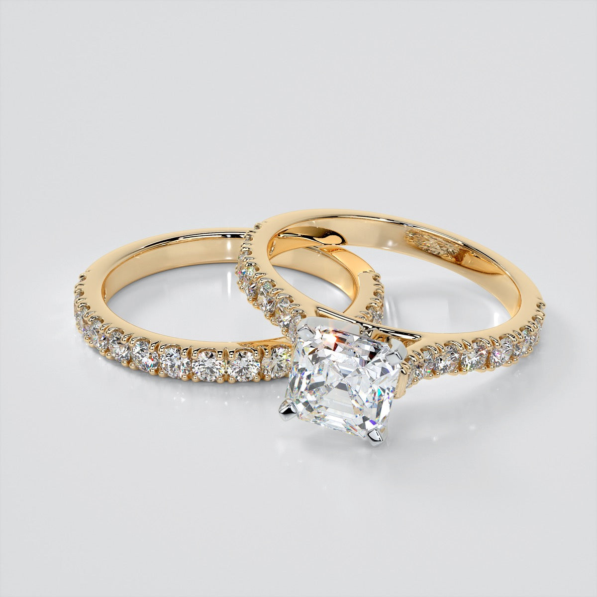 Lab Grown Diamond Asscher Cut Cathedral Scallop Style Engagement Ring With Accents