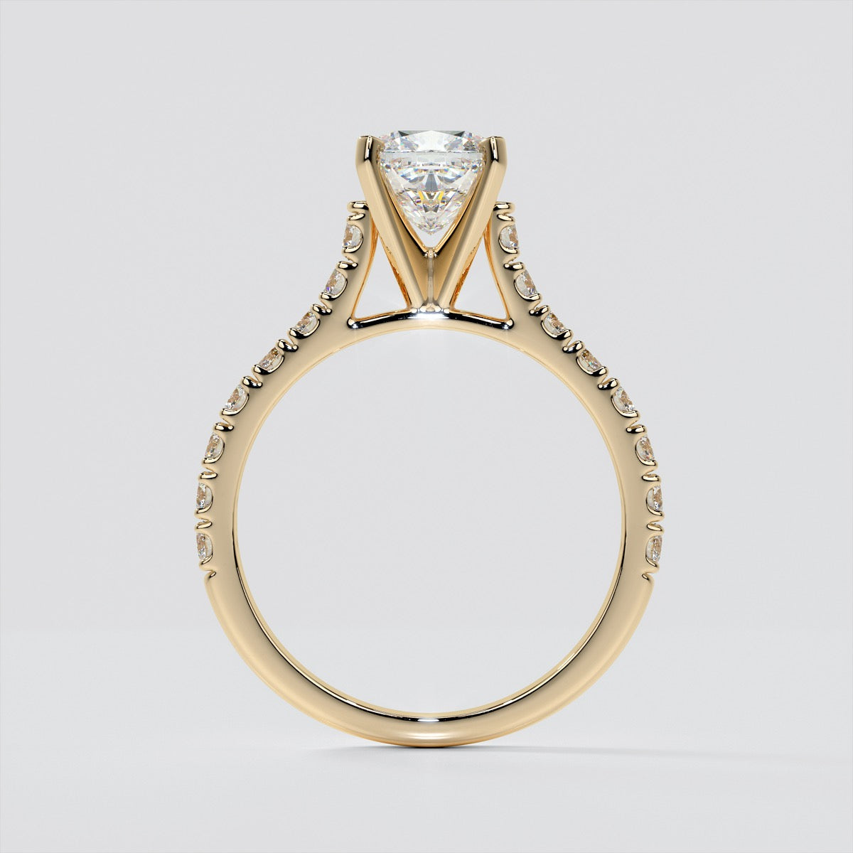 Lab grown Diamond Cushion Cut Cathedral Scallop Style Engagement Ring With Accents