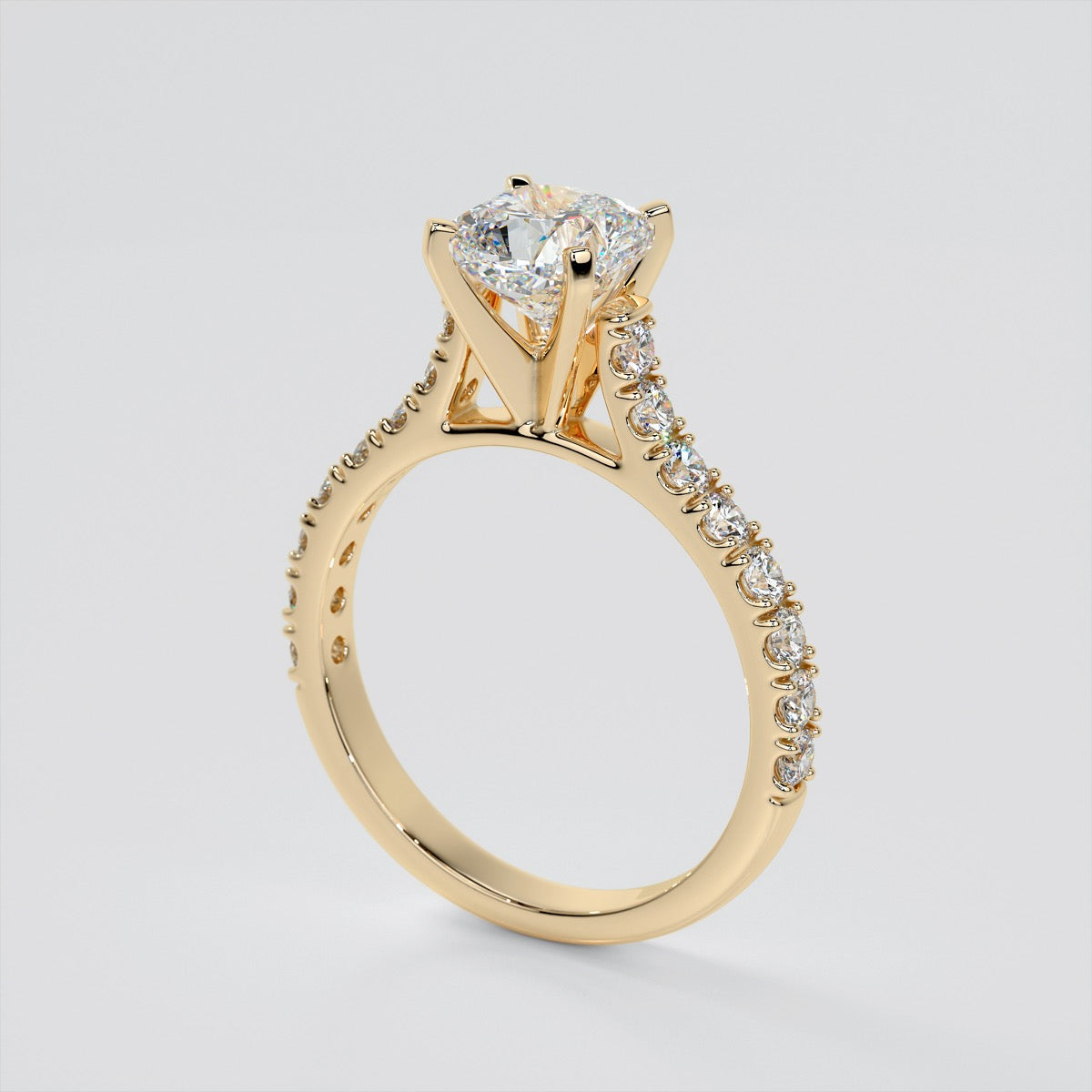Lab grown Diamond Cushion Cut Cathedral Scallop Style Engagement Ring With Accents
