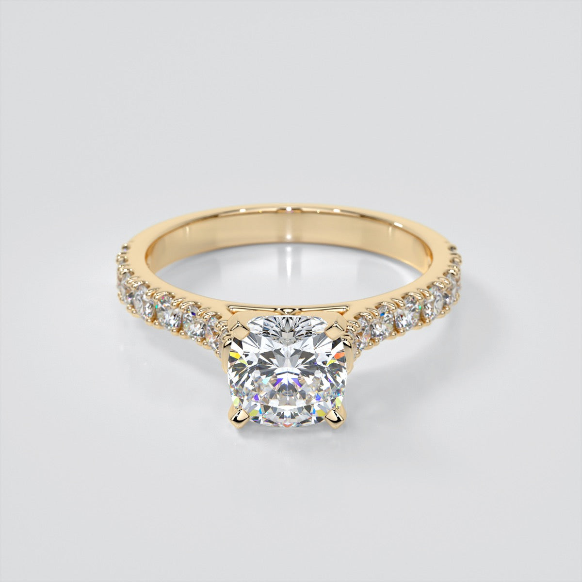 Lab grown Diamond Cushion Cut Cathedral Scallop Style Engagement Ring With Accents