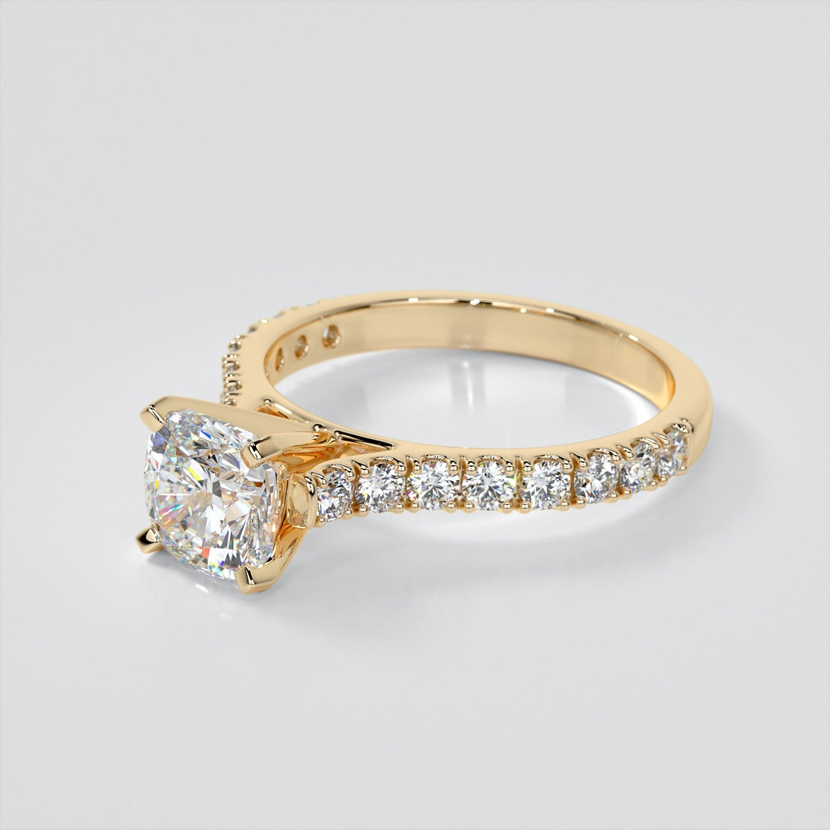 Lab grown Diamond Cushion Cut Cathedral Scallop Style Engagement Ring With Accents