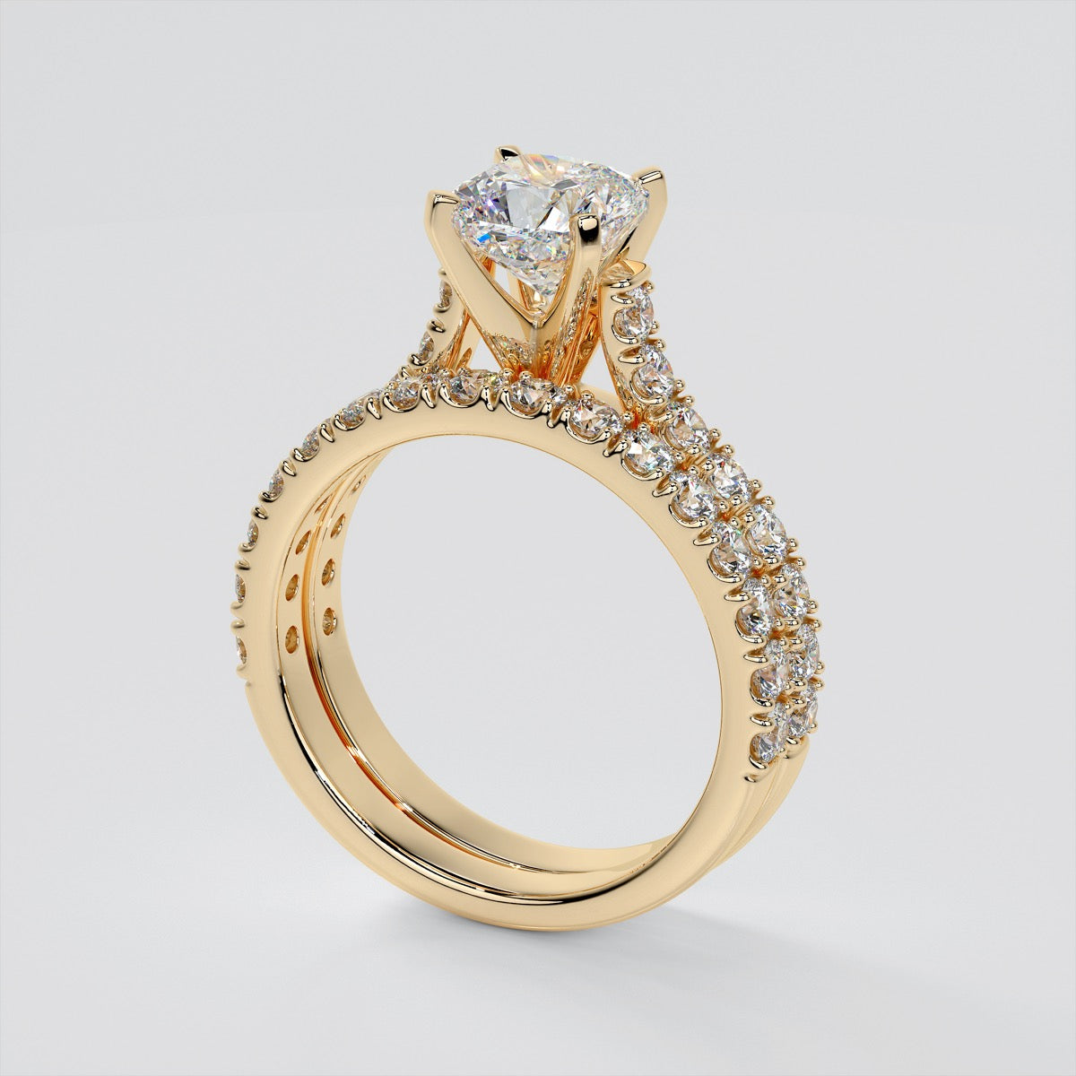 Lab grown Diamond Cushion Cut Cathedral Scallop Style Engagement Ring With Accents