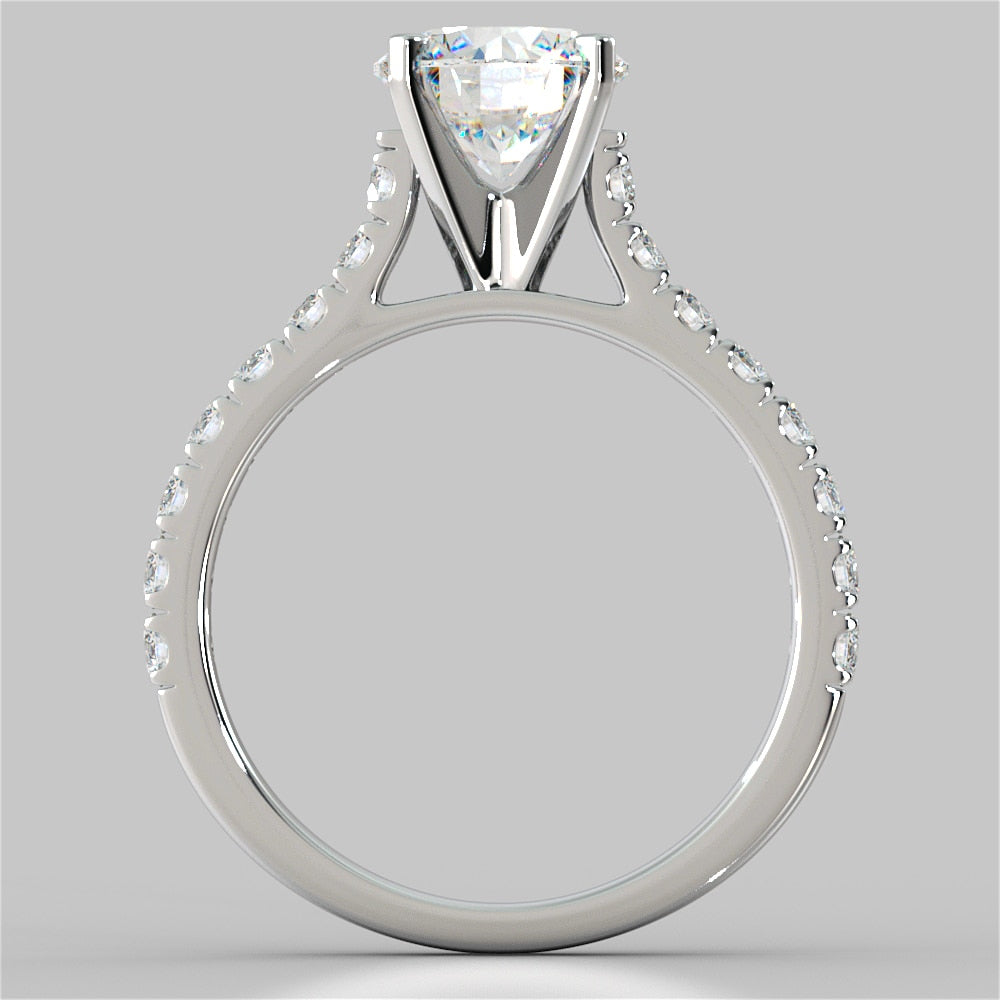 1.5 Round Cut Cathedral Style Engagement Ring With Accents in 14K White Gold