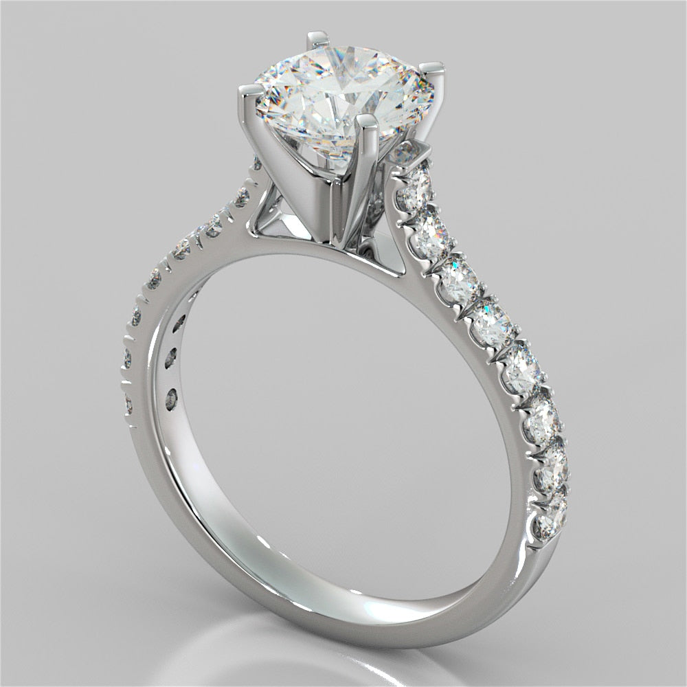 1.5 Round Cut Cathedral Style Engagement Ring With Accents in 14K White Gold