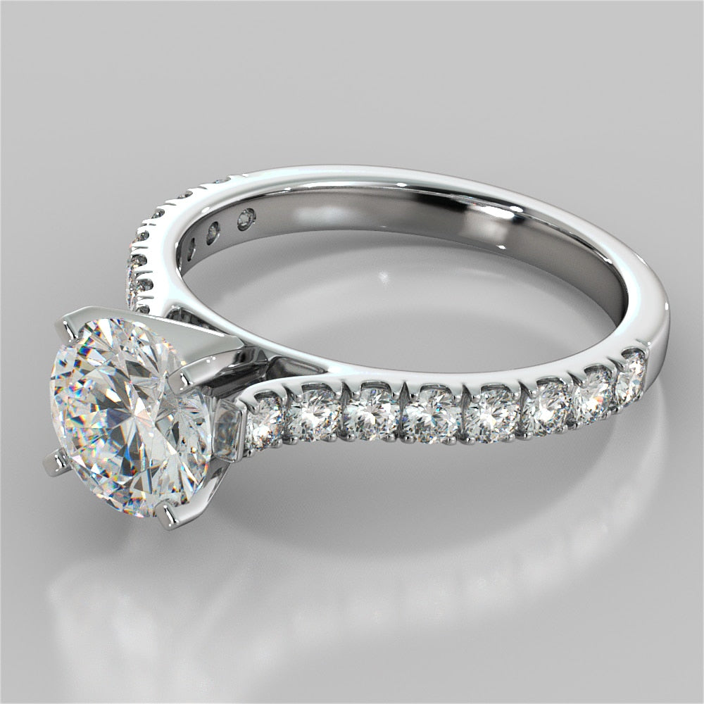 1.5 Round Cut Cathedral Style Engagement Ring With Accents in 14K White Gold