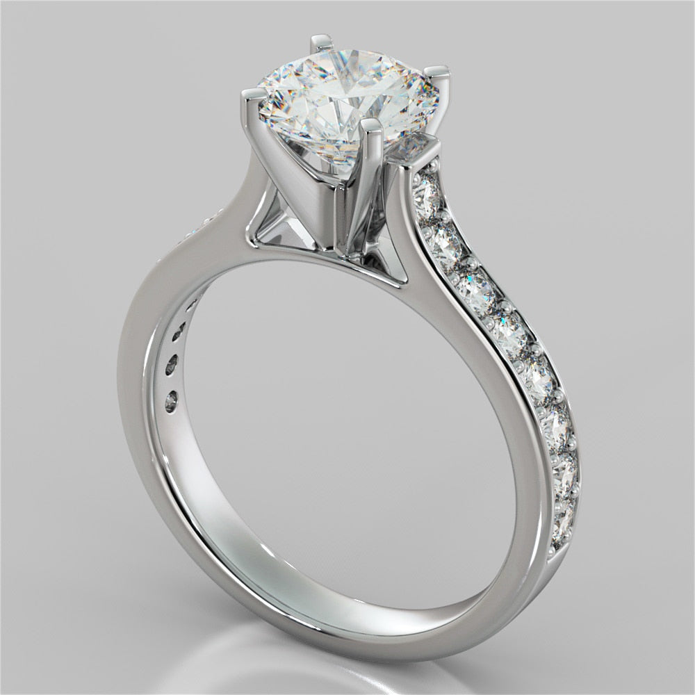 Lab Grown Diamond Round Cut Cathedral Style Channel Engagement Ring With Accents