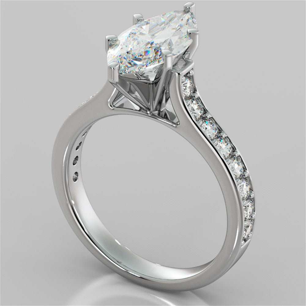 Lab Grown Diamond Marquise Cut Cathedral Style Channel Engagement Ring With Accents