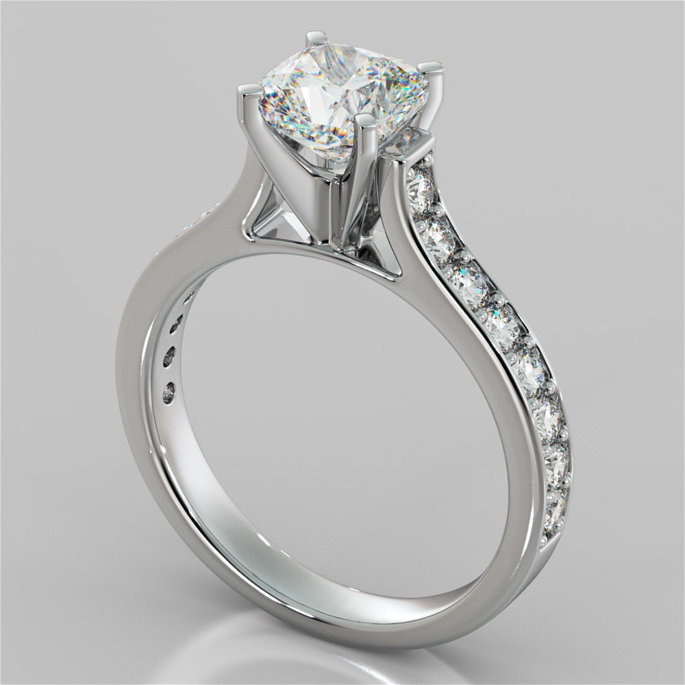 Lab Grown Diamond Cushion Cut Cathedral Style Channel Engagement Ring With Accents
