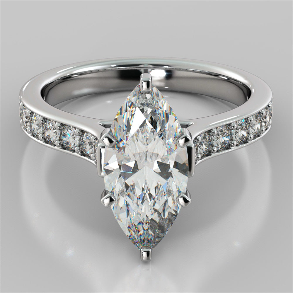 Lab Grown Diamond Marquise Cut Cathedral Style Channel Engagement Ring With Accents