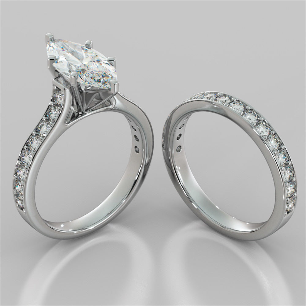 Lab Grown Diamond Marquise Cut Cathedral Style Channel Engagement Ring With Accents