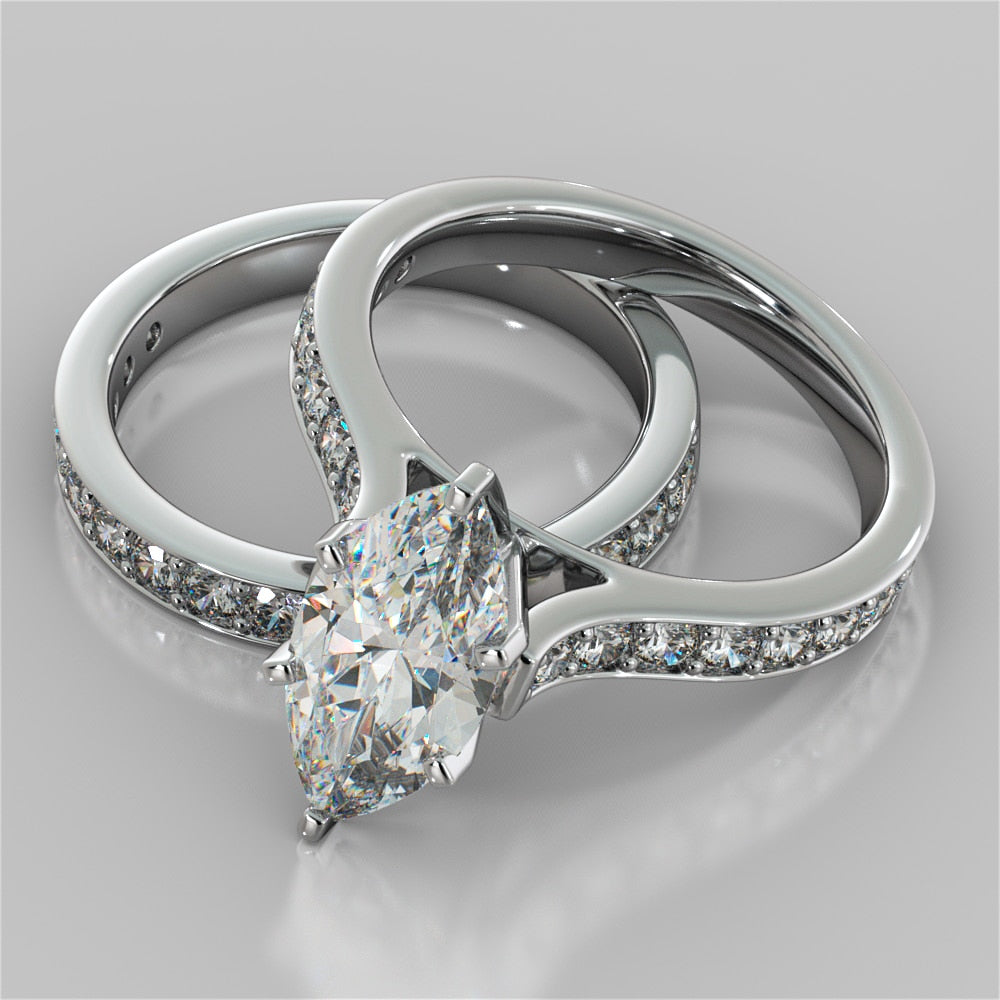 Lab Grown Diamond Marquise Cut Cathedral Style Channel Engagement Ring With Accents