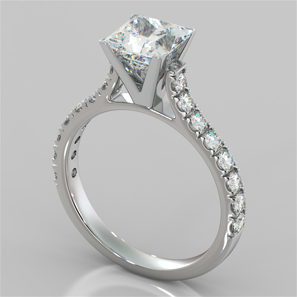 Lab Grown Diamond Princess Cut Cathedral Scallop Style Engagement Ring With Accents