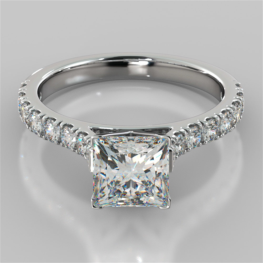 Lab Grown Diamond Princess Cut Cathedral Scallop Style Engagement Ring With Accents