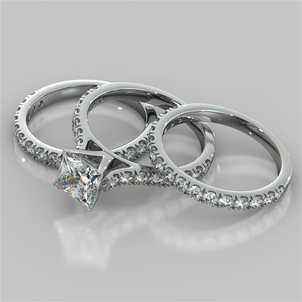 Lab Grown Diamond Princess Cut Cathedral Scallop Style Engagement Ring With Accents