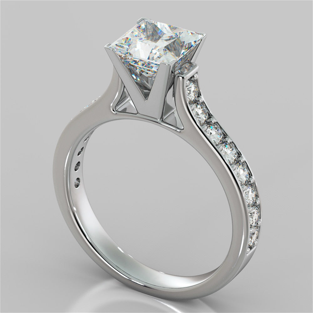 Princess Cut Cathedral Style Channel Engagement Ring With Accents